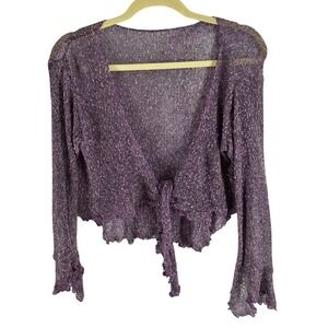 Y2K Purple Metallic Sheer Knit Cropped Bolero Shrug Bell Sleeve Lettuce Edge S